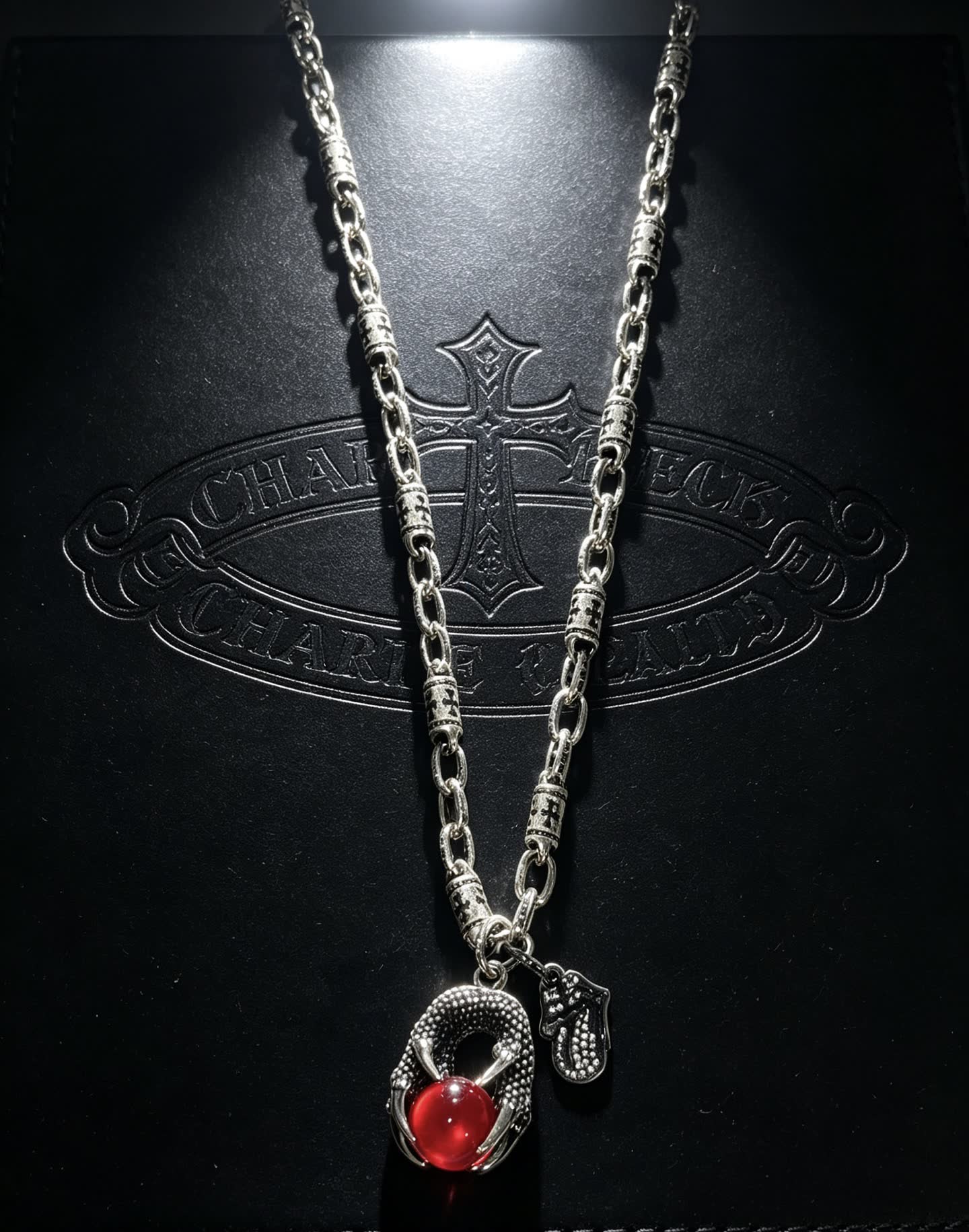 Chrome Hearts Silver Dragon Claw Necklace with Red Gemstone